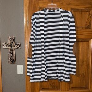 Grey and White Striped Cardigan with Elbow Patches